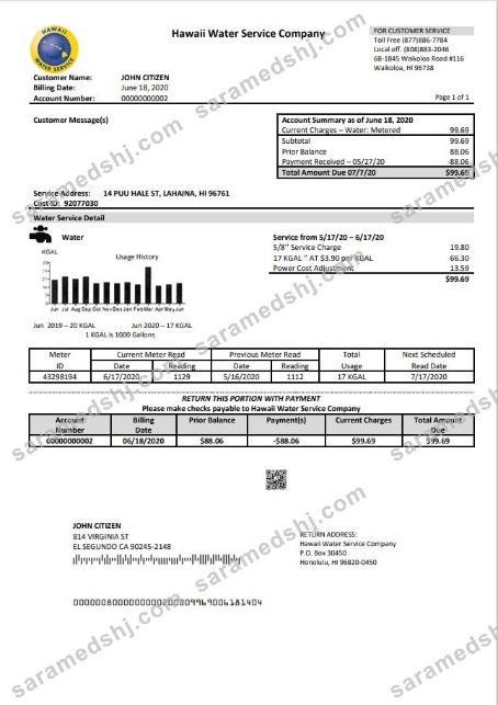 USA Hawaii Water Service Company utility bill template in Word and PDF (.doc and .pdf) format